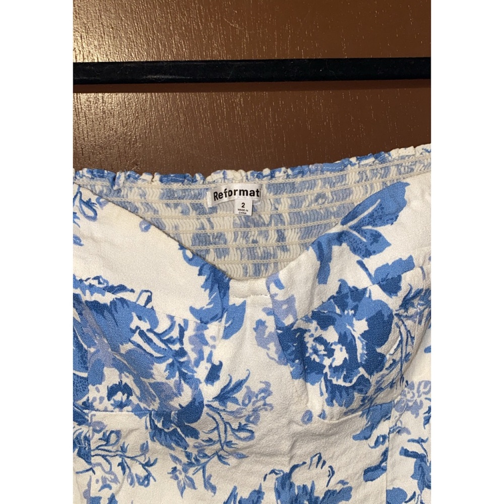 Reformation Reign Top Olympia White Blue Floral Smocked Long Sleeve in size 2 - Picture 6 of 15